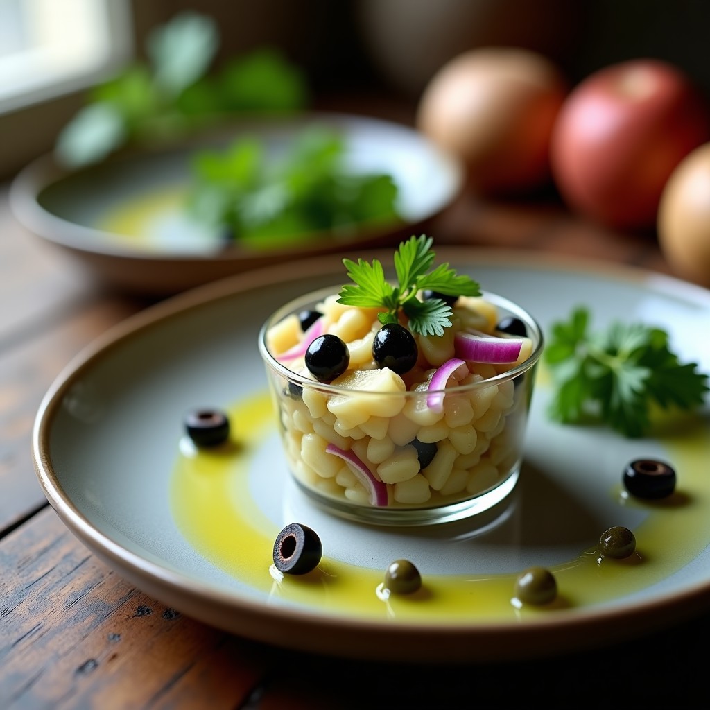 Tartar de alcachofa ahumada vegano servido en copa de cristal, con trozos de alcachofa, aceitunas y cebolla morada, decorado con perejil fresco y aceite de oliva.