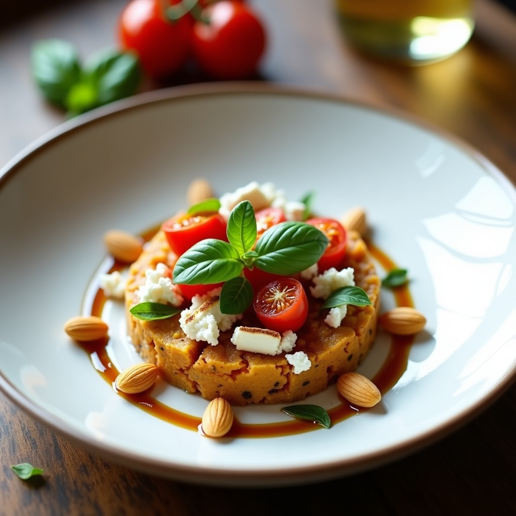Plato blanco elegante con tartar de alcachofa asada y tomate confitado, decorado con queso de cabra desmenuzado, almendras fileteadas y hojas de albahaca fresca, receta gourmet sin gluten.