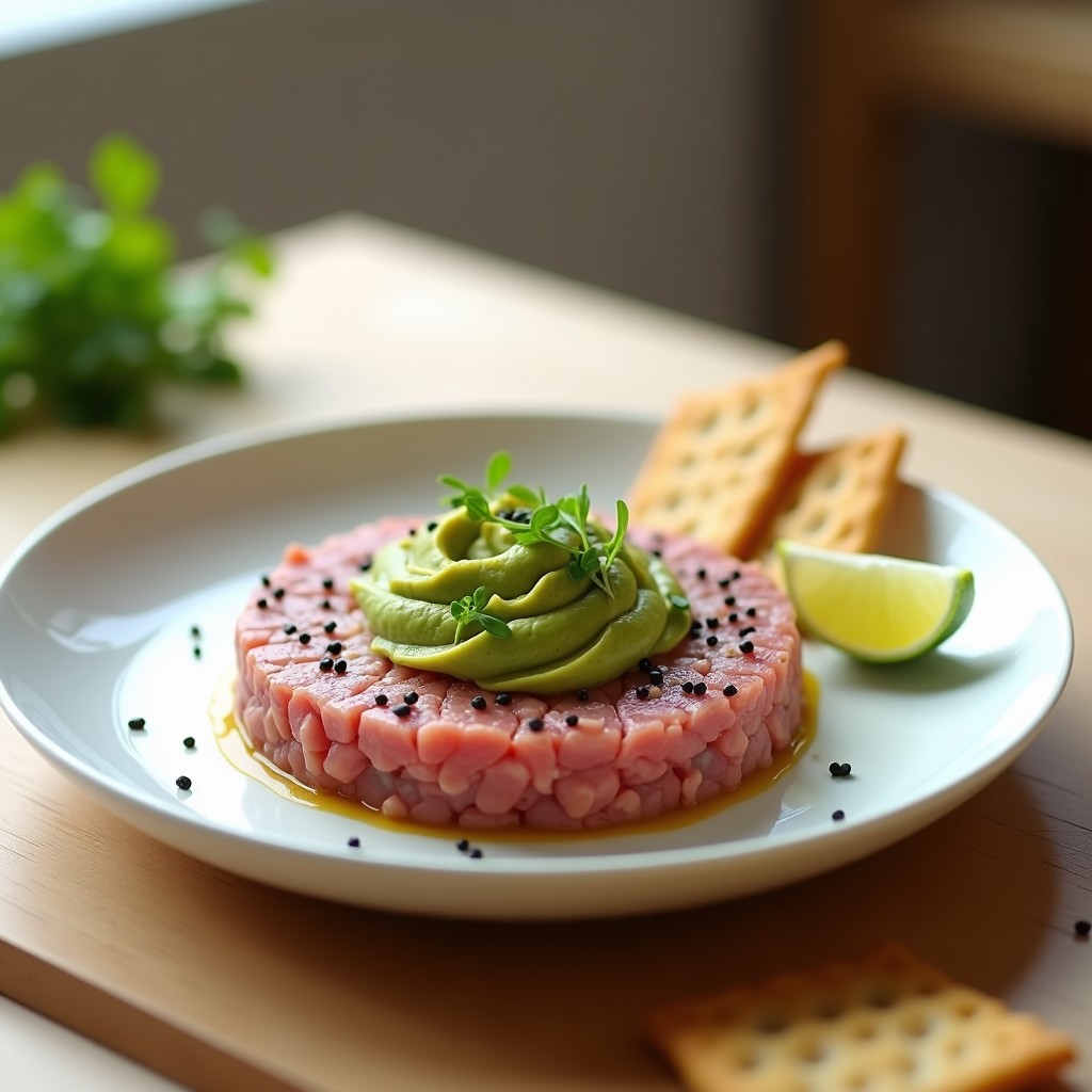 Plato blanco minimalista con tartar de atún y aguacate en molde redondo, espolvoreado con semillas de sésamo negro, acompañado de galletas de arroz y decorado con cebollino fresco.