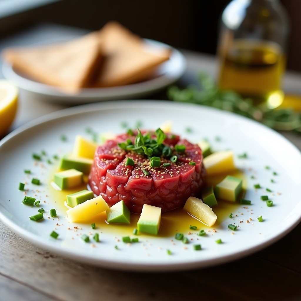 Plato blanco elegante con tartar de atún rojo en cubos,zaatar espolvoreado, limón en rodajas y pan de pita tostado, receta gourmet express.
