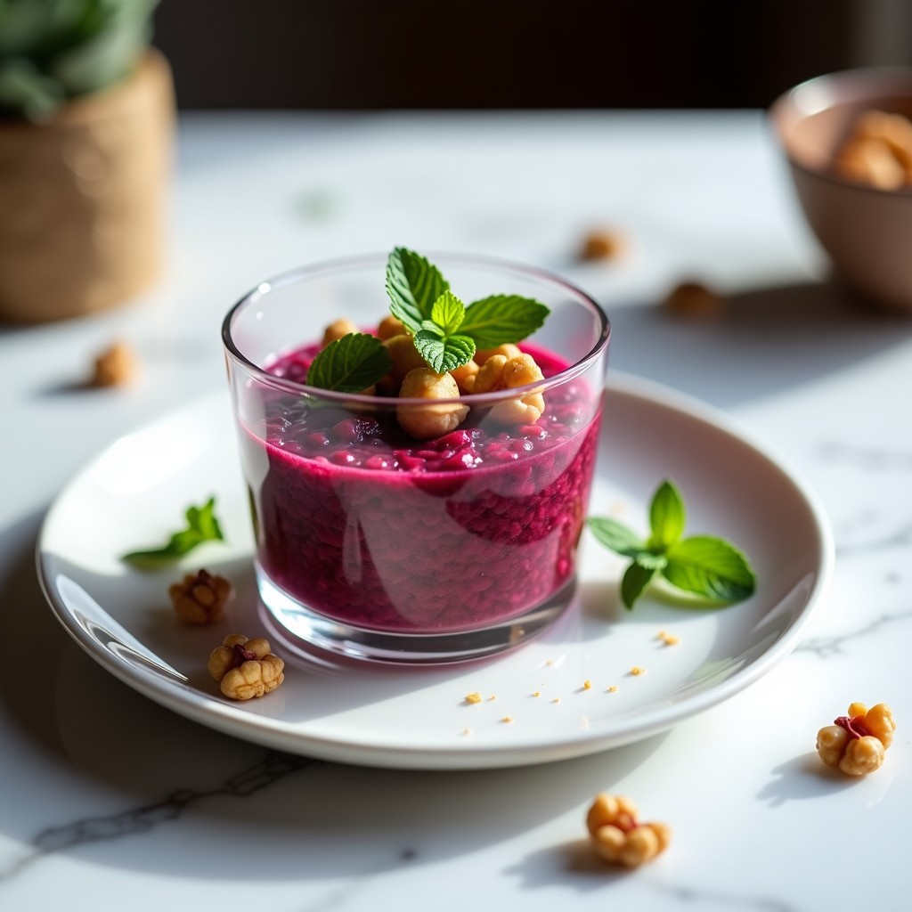 Copa de cristal transparente con tartar de remolacha y nueces vegano, decorado con hojas de menta y nueces enteras, sobre fondo blanco.
