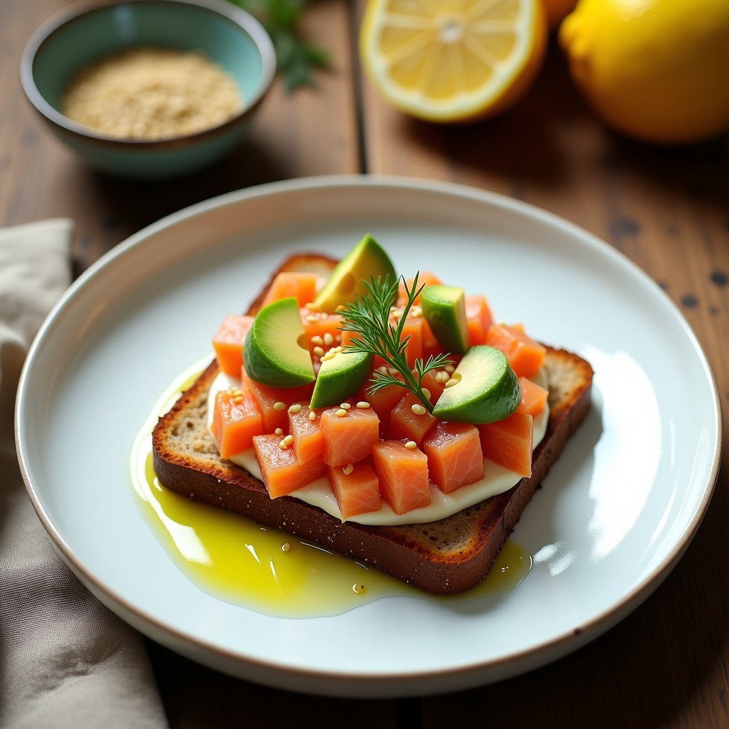 Plato blanco elegante con tartar de salmón ahumado y aguacate, decorado con semillas de sésamo y eneldo fresco, servido sobre tostadas de centeno con rodajas de limón al lado.