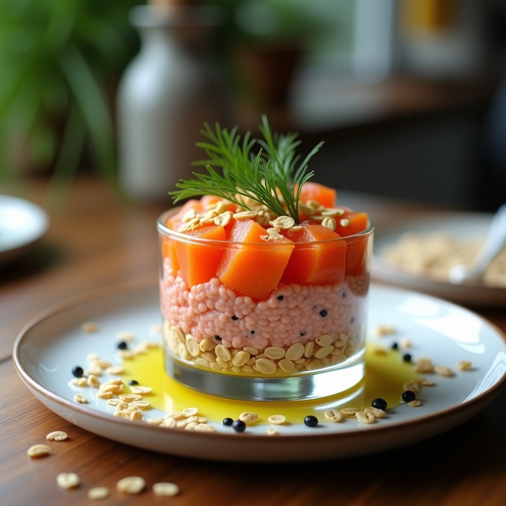 Tartar de salmón ahumado en copa de cristal con capas visibles de salmón en cubos, avena tostada dorada y decoración de eneldo fresco y semillas de sésamo negro sobre fondo rústico.