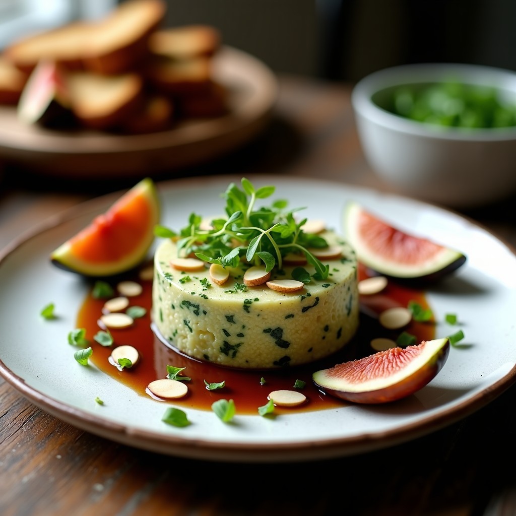 Tartar de higos verdes y queso de cabra con vinagreta de vinagre de Módena, entrante portugués gourmet. Presentación en molde redondo con capas visibles de higos verdes en dados, queso de cabra desmenuzado y rúcula baby. Decorado con cebollino picado, almendras tostadas y vinagreta brillante. Acompañado de pan de centeno tostado en triángulos sobre un plato blanco rústico.