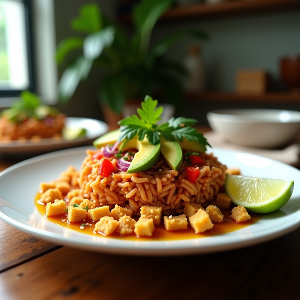 Plato blanco con tartar de jackfruit en adobo, hebras finas y coloridas, rodeado de crumbles dorados de yuca tostada y decorado con aguacate en cubos, cebolla morada y cilantro fresco. Receta vegana alta en fibra.