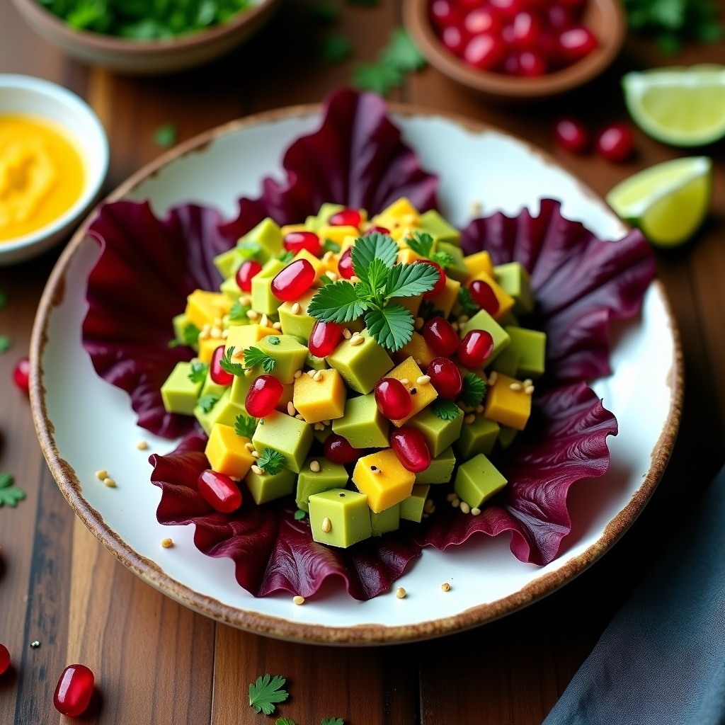 Tartar de jackfruit y aguacate con ají amarillo servido sobre hojas de lechuga morada, espolvoreado con semillas de sésamo y acompañado de rodajas de limón, receta vegana peruana fresca y colorida.