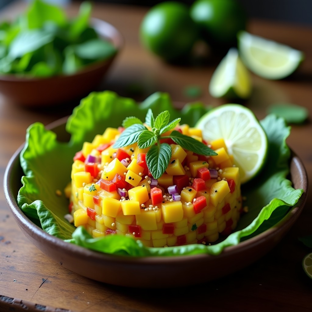 Tartar de jackfruit y mango con lime y cilantro servido en molde redondo sobre plato blanco, decorado con semillas de sésamo y hojas de cilantro fresco. Textura vibrante y colores tropicales.