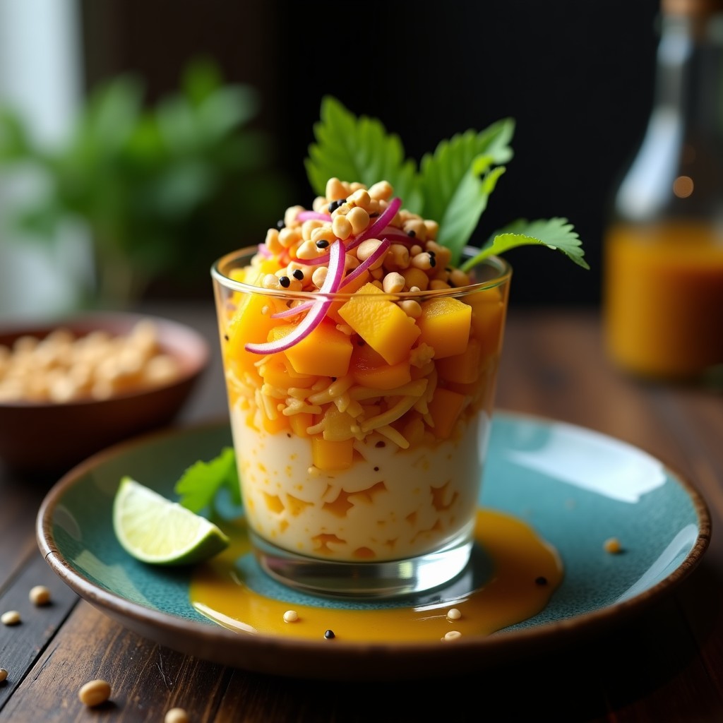 Tartar vegano de jackfruit desmenuzada y mangostán en cubos, servido en copa de cristal con vinagreta de limón kaffir, decorado con semillas de sésamo negro, cacahuetes y hojas de cilantro fresco. Plato tailandés fresco y colorido sobre fondo oscuro.