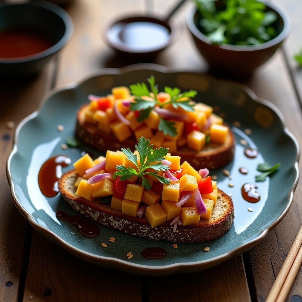 Tartar de jackfruit madurado en trozos dorados con cebolla morada, pimiento rojo y cilantro, servido sobre tostadas de pan de centeno con salsa teriyaki brillante y semillas de sésamo. Plato vegano alto en fibra con presentación gourmet.