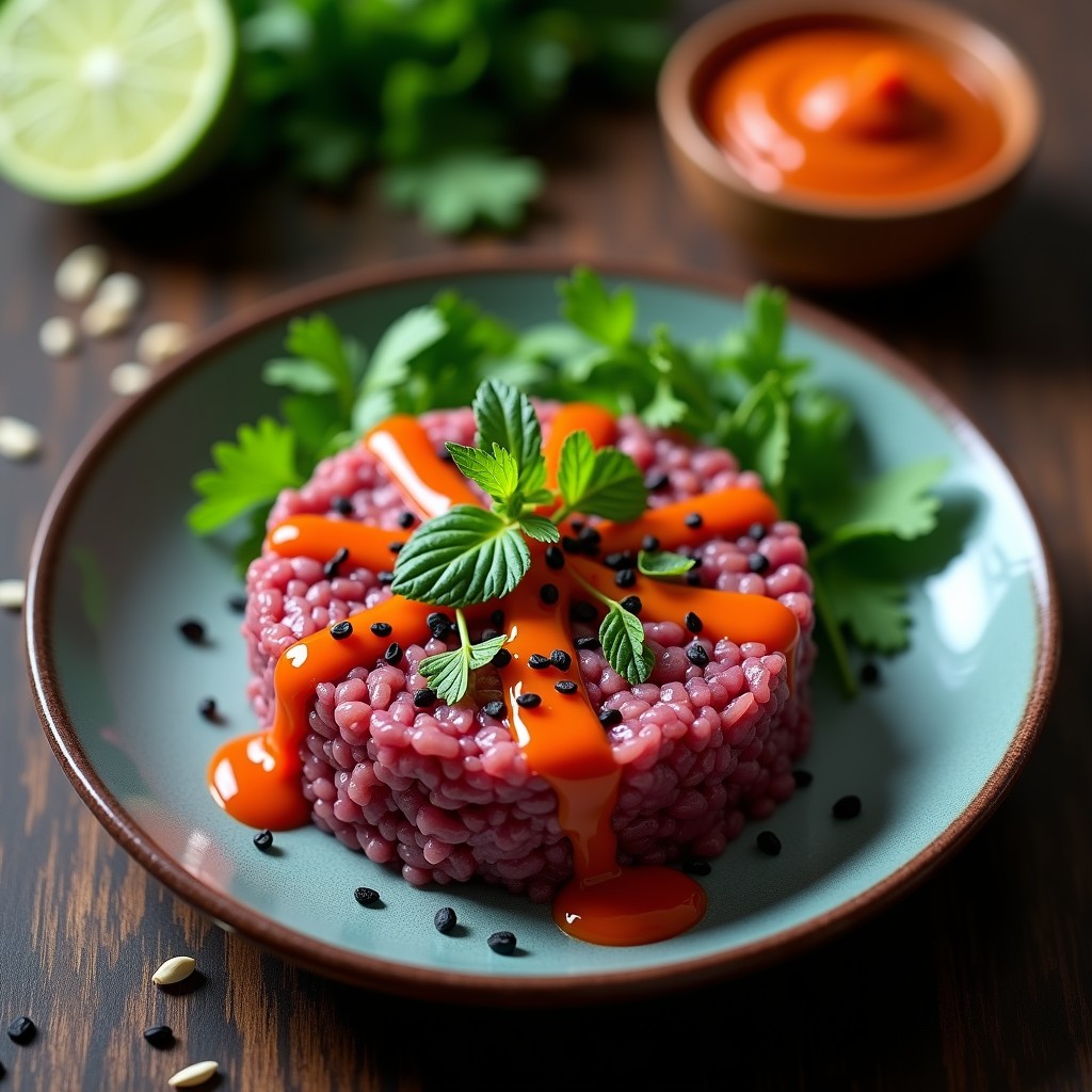 Tartar de jackfruit con salsa de tamarindo y cilantro servido en molde redondo sobre plato blanco, decorado con semillas de sésamo y hojas de menta, con fondo de hojas de lechuga y crackers integrales.