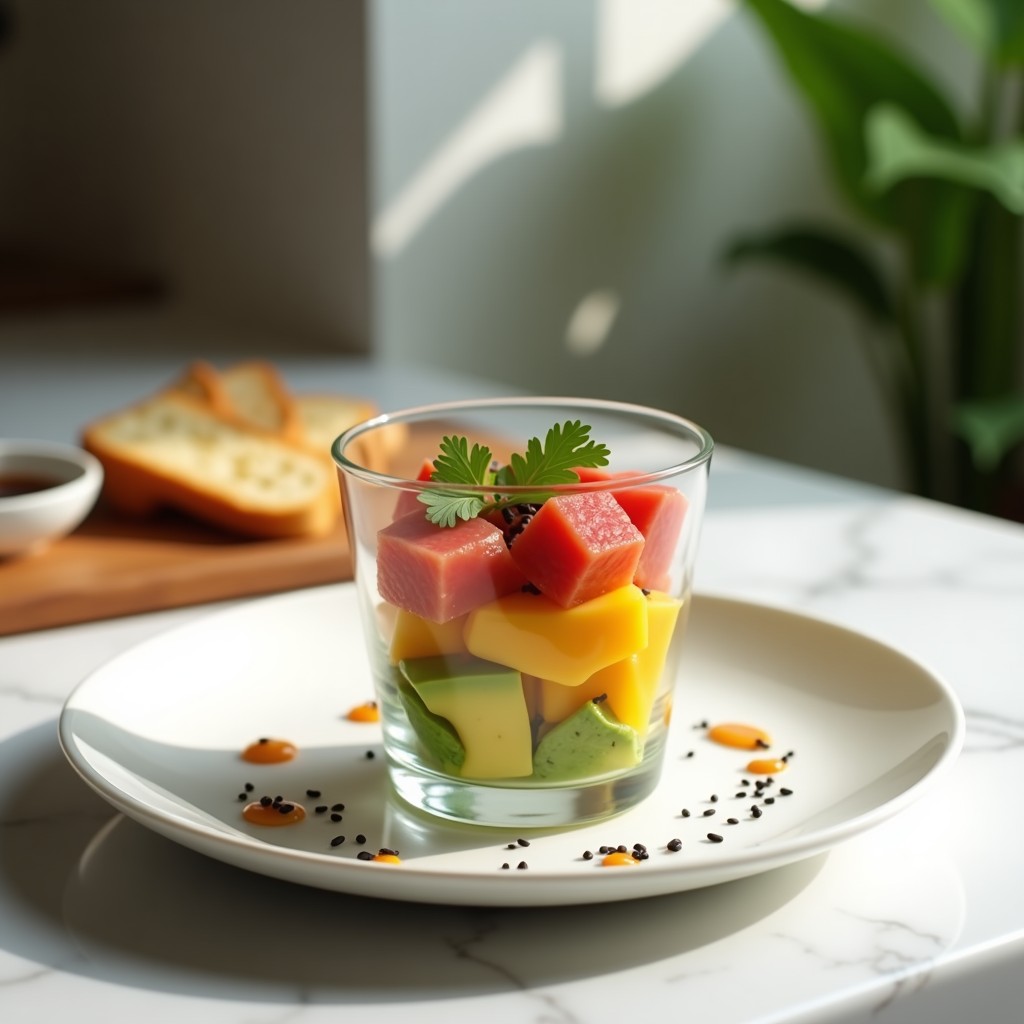 Copa de cristal transparente con tártara de mango y aguacate con atún rojo, decorada con semillas de sésamo negro y hojas de cilantro, receta fresca y alta en omega-3.