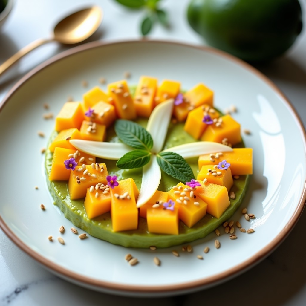 Plato blanco con tartar de mango y aguacate en dados, decorado con cruz de hinojo en juliana, semillas de sésamo y flores comestibles, receta crudivegana y detox.