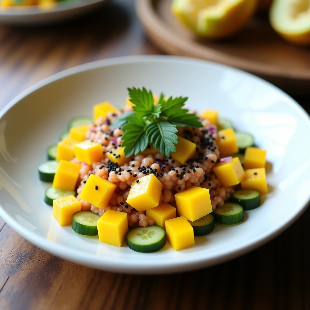 Tartar de mango y pepino con vinagreta de tamarindo servido en copa de cristal, con cubos dorados de mango, pepino verde brillante y semillas de sésamo negro. Decorado con hojas de menta fresca y un hilo de vinagreta dorada. Plato fresco, vibrante y listo para servir.