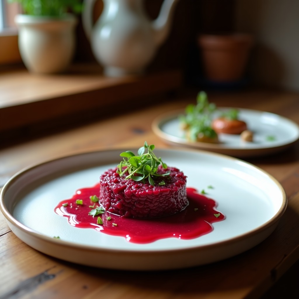 Plato blanco con tartar de remolacha ahumada en cubos, cebolla morada picada, semillas de sésamo y perejil fresco, servido con una cuchara de madera.