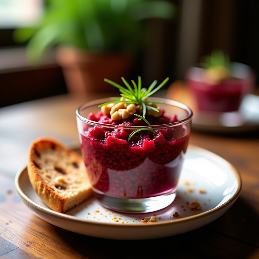 Copa de cristal con tartar de remolacha ahumada en dados, nueces tostadas y cebollino picado, servido sobre pan de pita integral. Plato vegano y crujiente.