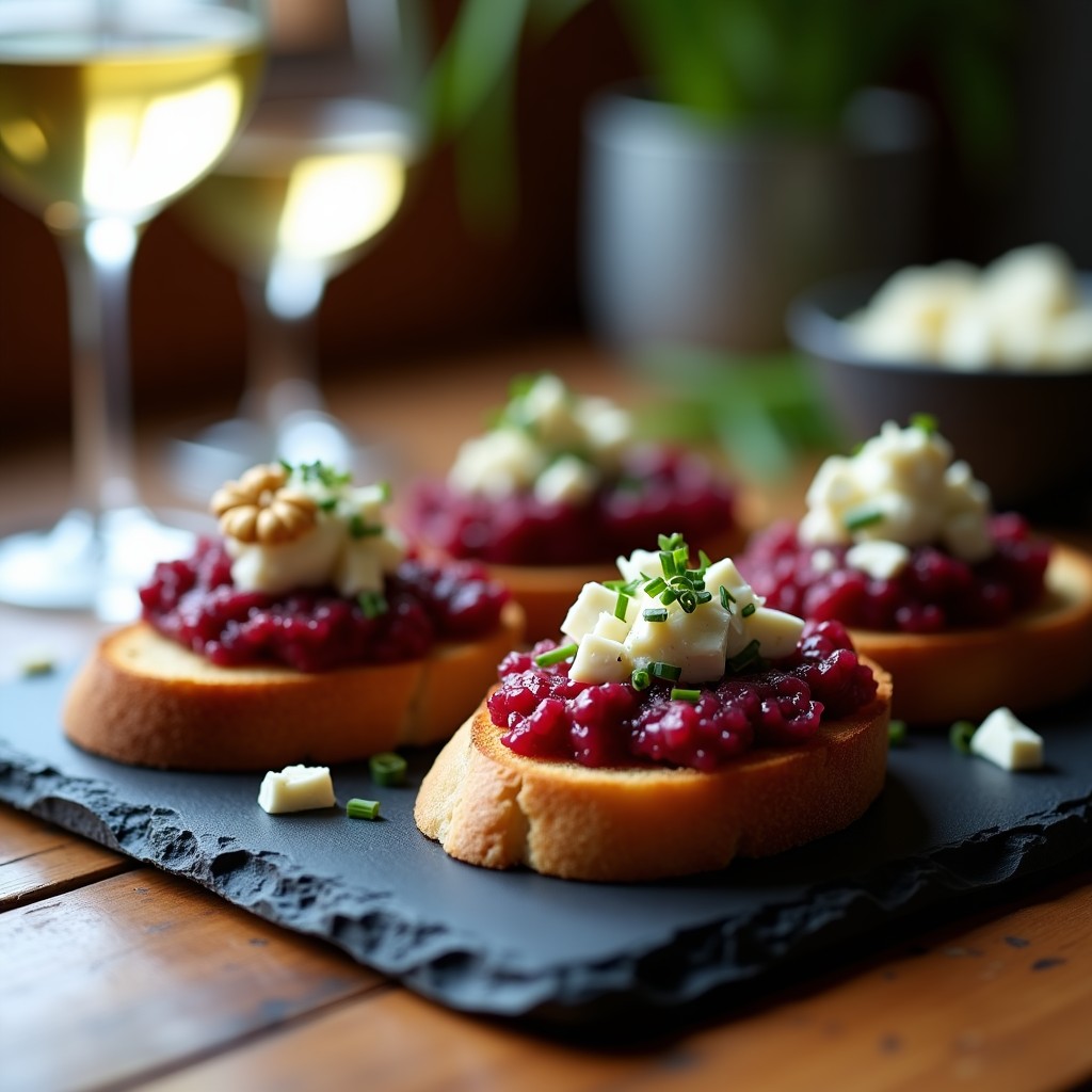 Tartar de remolacha ahumada con trozos de queso azul y nueces sobre pan de centeno tostado, receta gourmet y rápida.