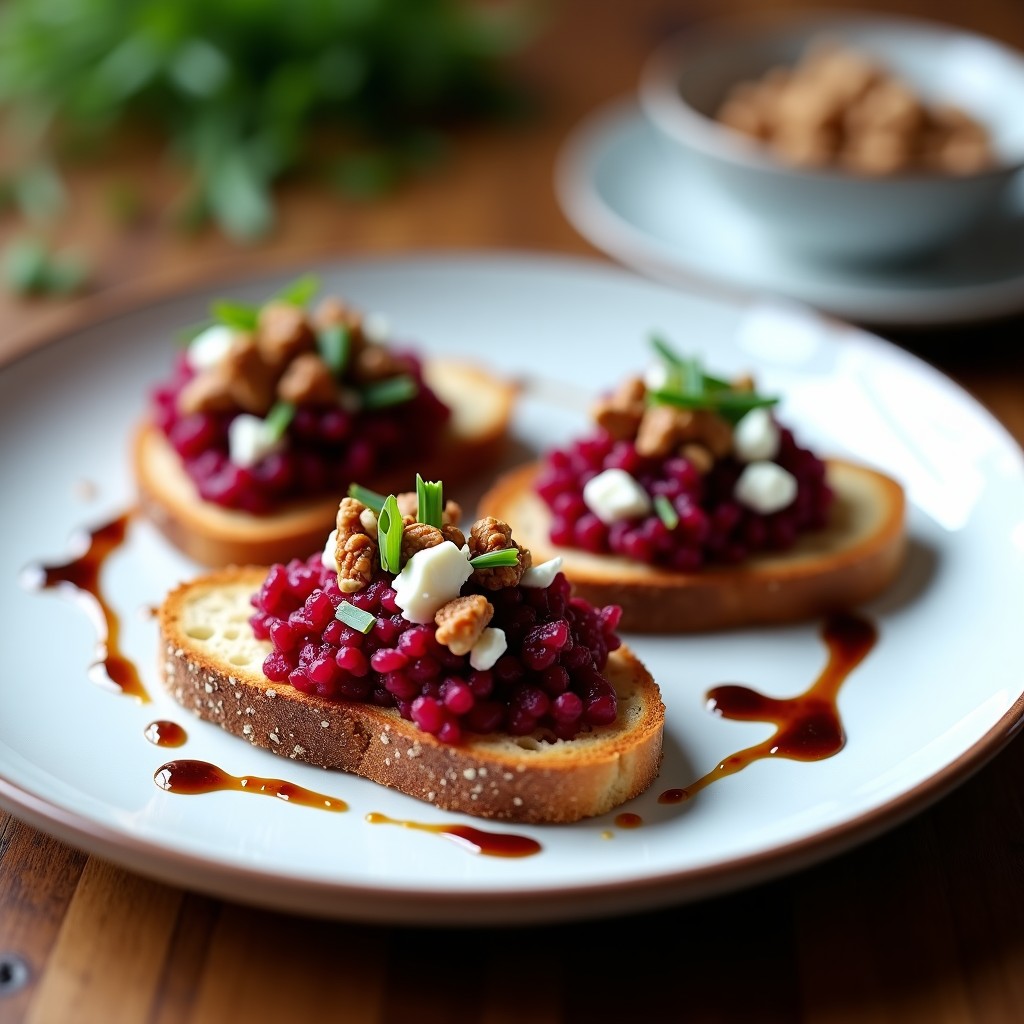 Plato blanco elegante con tartar de remolacha ahumada y queso de cabra desmenuzado, decorado con nueces pecanas y cebollino fresco sobre rebanadas de pan de centeno tostado.