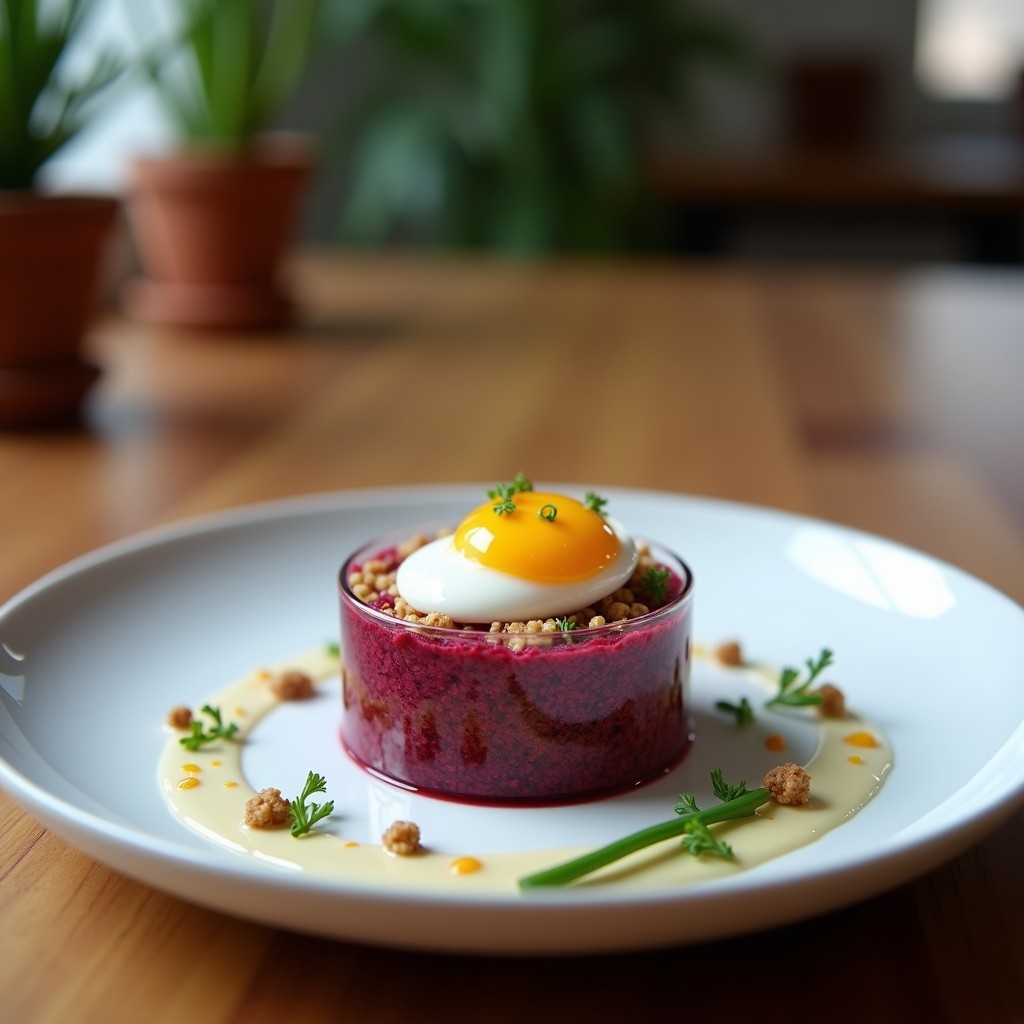 Tartar de remolacha ahumada con quinoa en copa de cristal, decorado con semillas de sésamo y huevo de codorniz, receta keto alta en proteína.