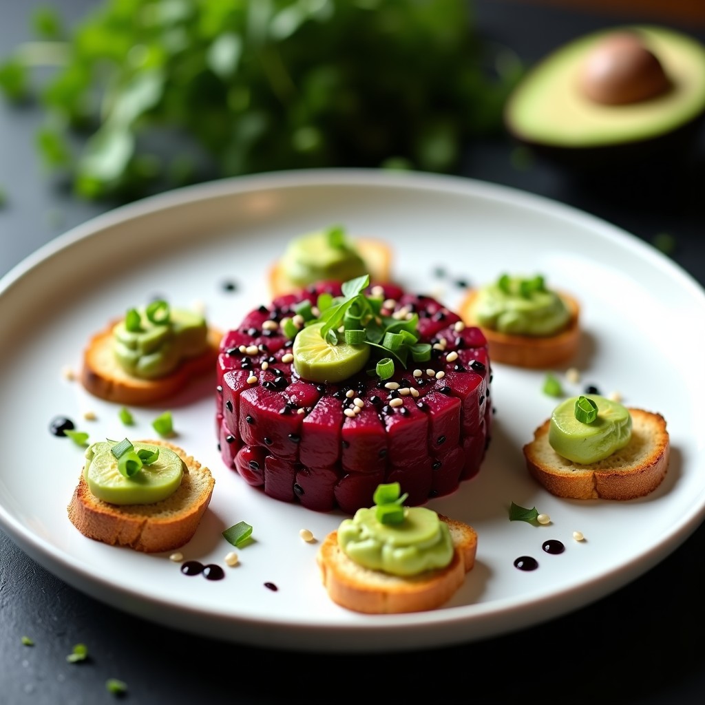 Plato blanco elegante con tartar de remolacha ahumada y tofu estilo cheff, servido sobre tostadas de centeno con láminas de aguacate y decorado con semillas de sésamo negro y cebollino.