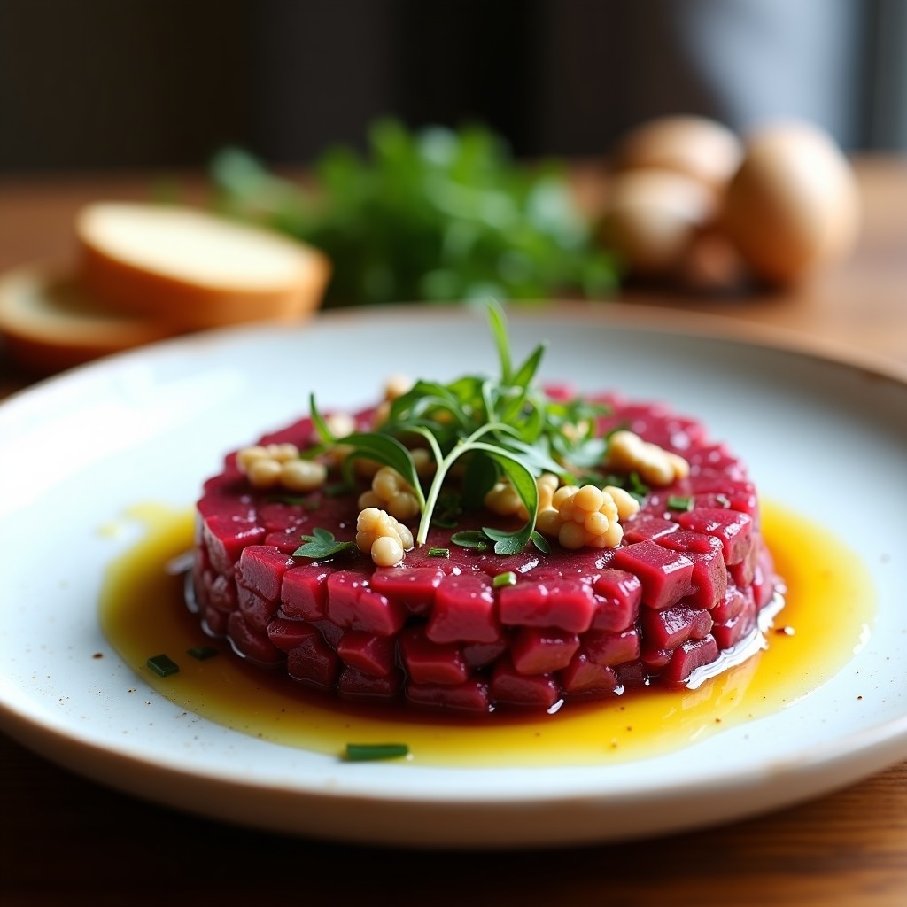 Plato blanco con tartar de remolacha ahumada en dados, vinagreta brillante de mostaza y miel, decorado con nueces picadas, cebollino fresco y capuchas verdes sobre fondo rústico de madera.
