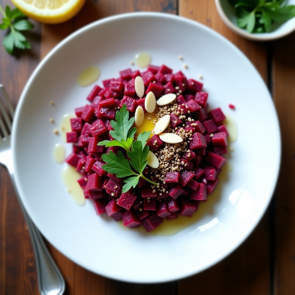 Plato blanco con tartar de remolacha cruda en dados, mezclado con cebolla morada, perejil y zaatar, decorado con almendras fileteadas y un hilo de aceite de oliva. Receta crudivegana y antiinflamatoria.