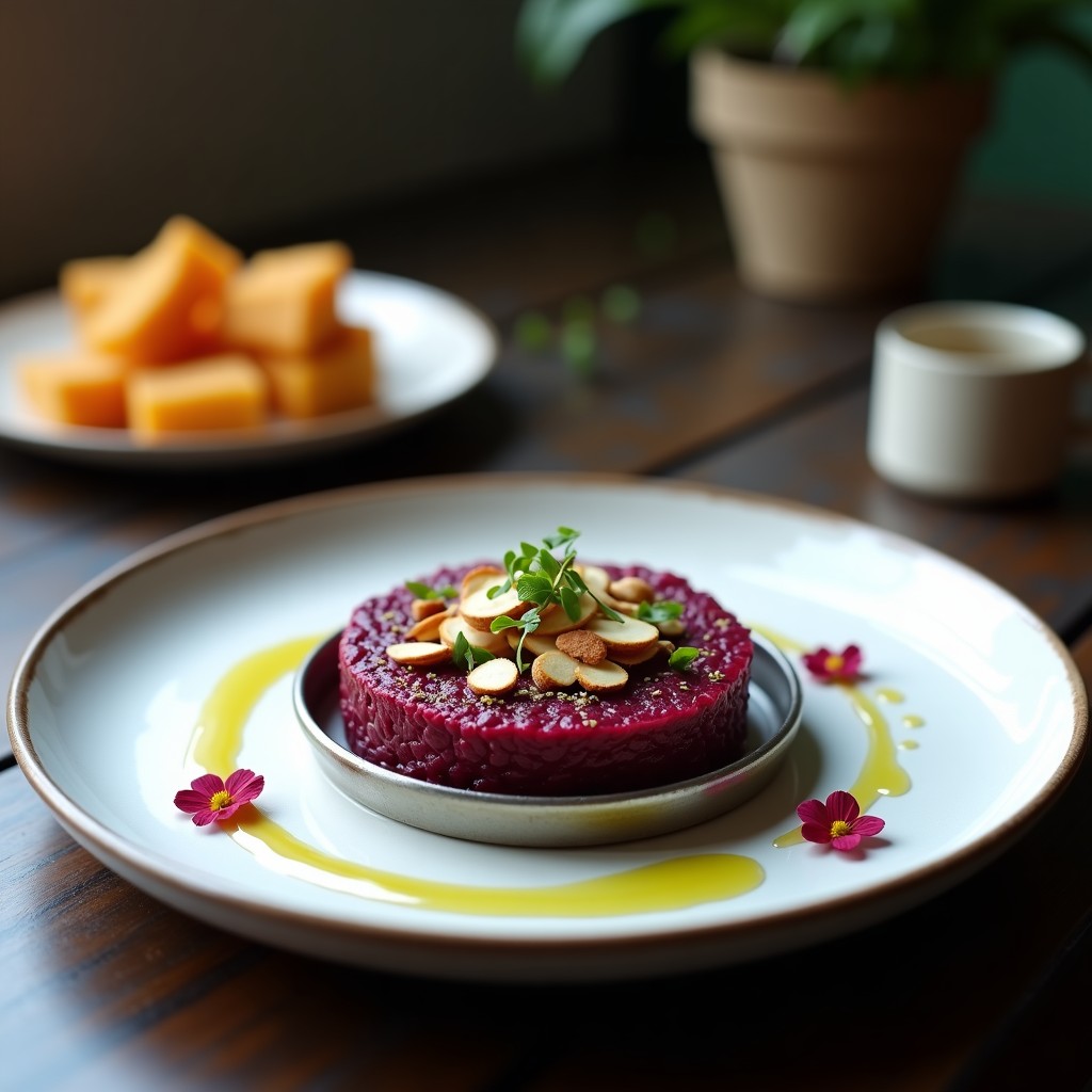 Tartar de remolacha y cacao servido en molde redondo sobre plato blanco, decorado con almendras fileteadas, cebollino fresco y un hilo de aceite de oliva virgen extra.