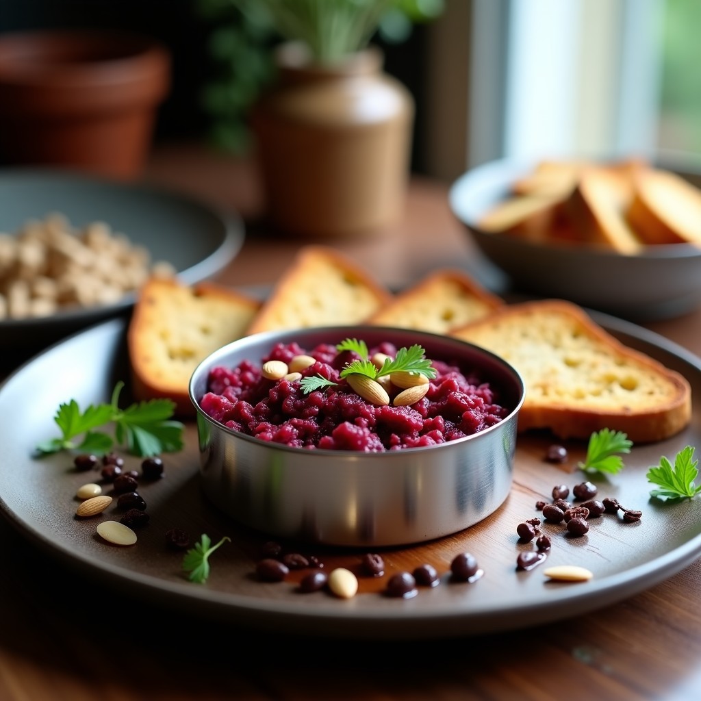 Tartar de remolacha y cacao nibs servido en molde de acero sobre tabla de madera oscura, con tostadas de pan sin gluten, almendras tostadas y perejil fresco. Receta vegana gourmet.
