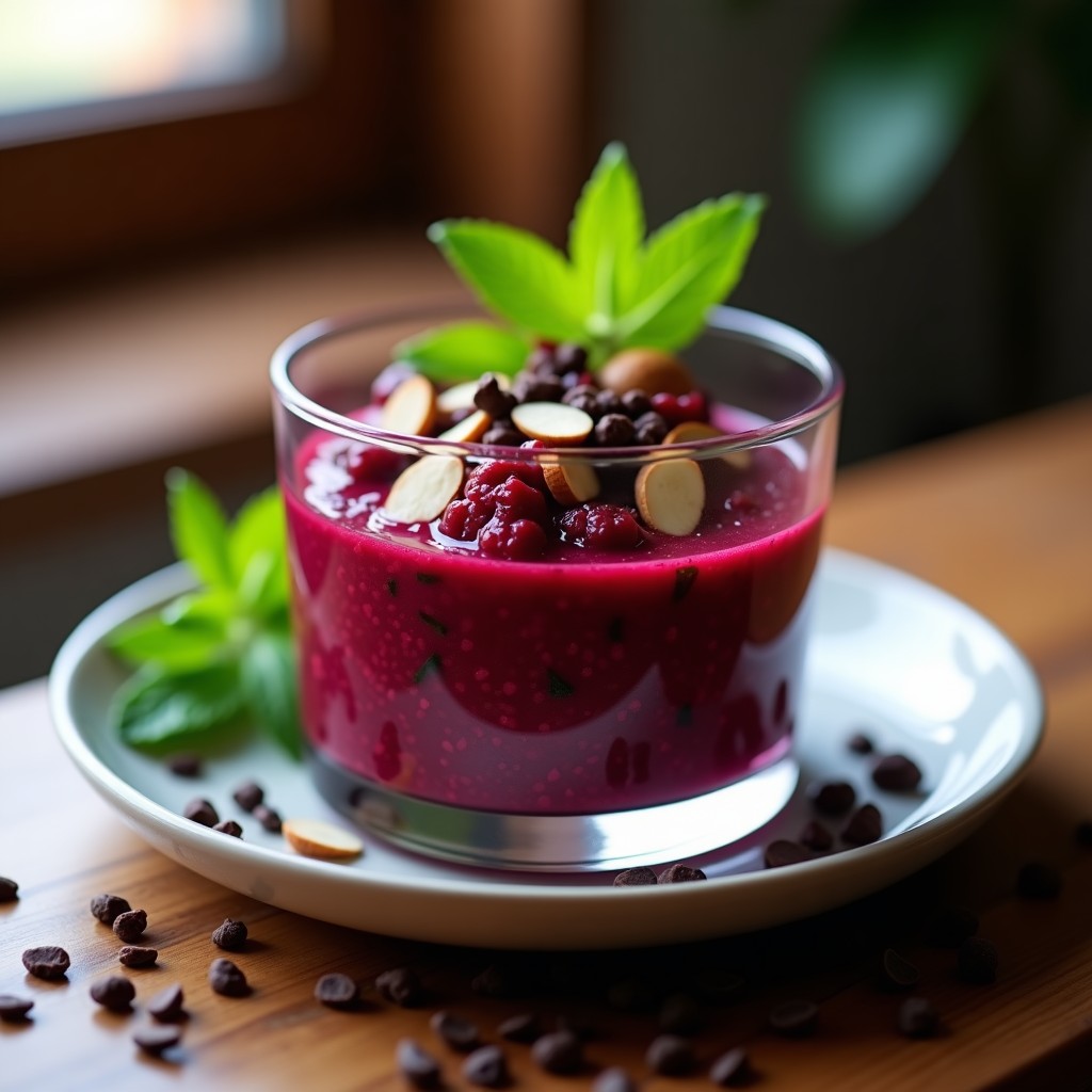 Copa de cristal transparente con tartar de remolacha y cacao nibs, decorado con almendras fileteadas y hojas de menta, sobre un fondo rústico de madera.