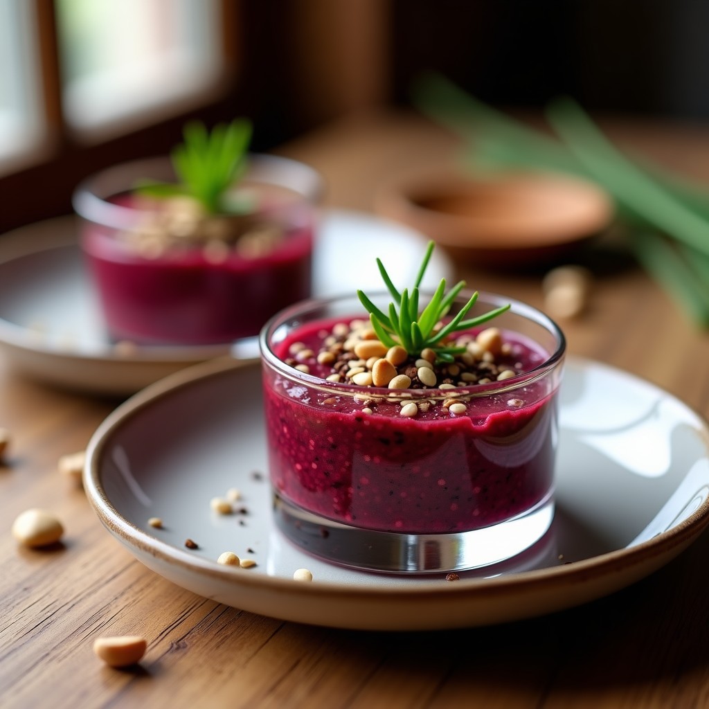 Tartar de remolacha y cacao vegano servido en copa de cristal, con semillas de sésamo espolvoreadas y cebollino fresco, fondo rústico de madera.