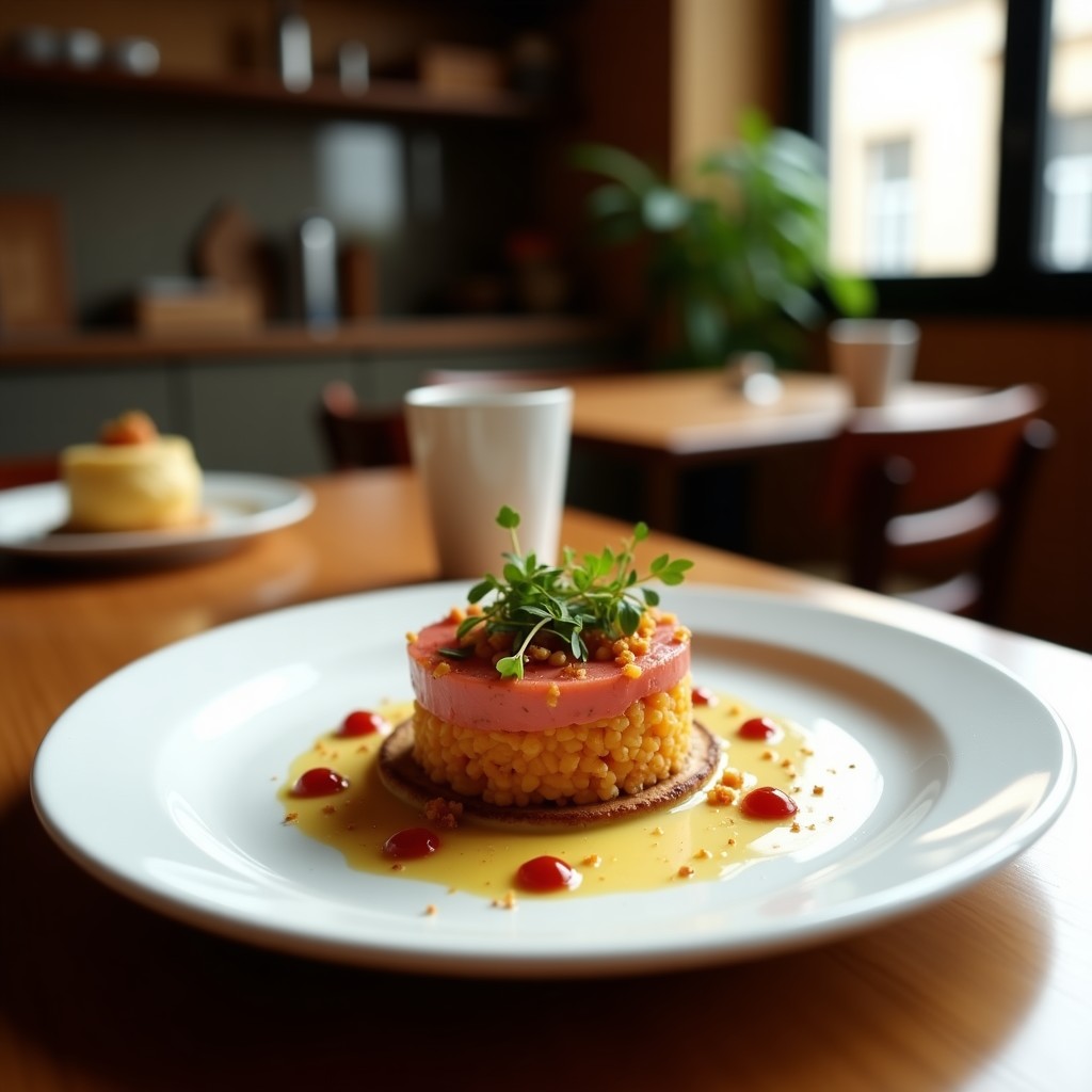 Plato blanco minimalista con tartar de remolacha y café tostado, decorado con almendras fileteadas y perejil fresco, presentación gourmet vegana.