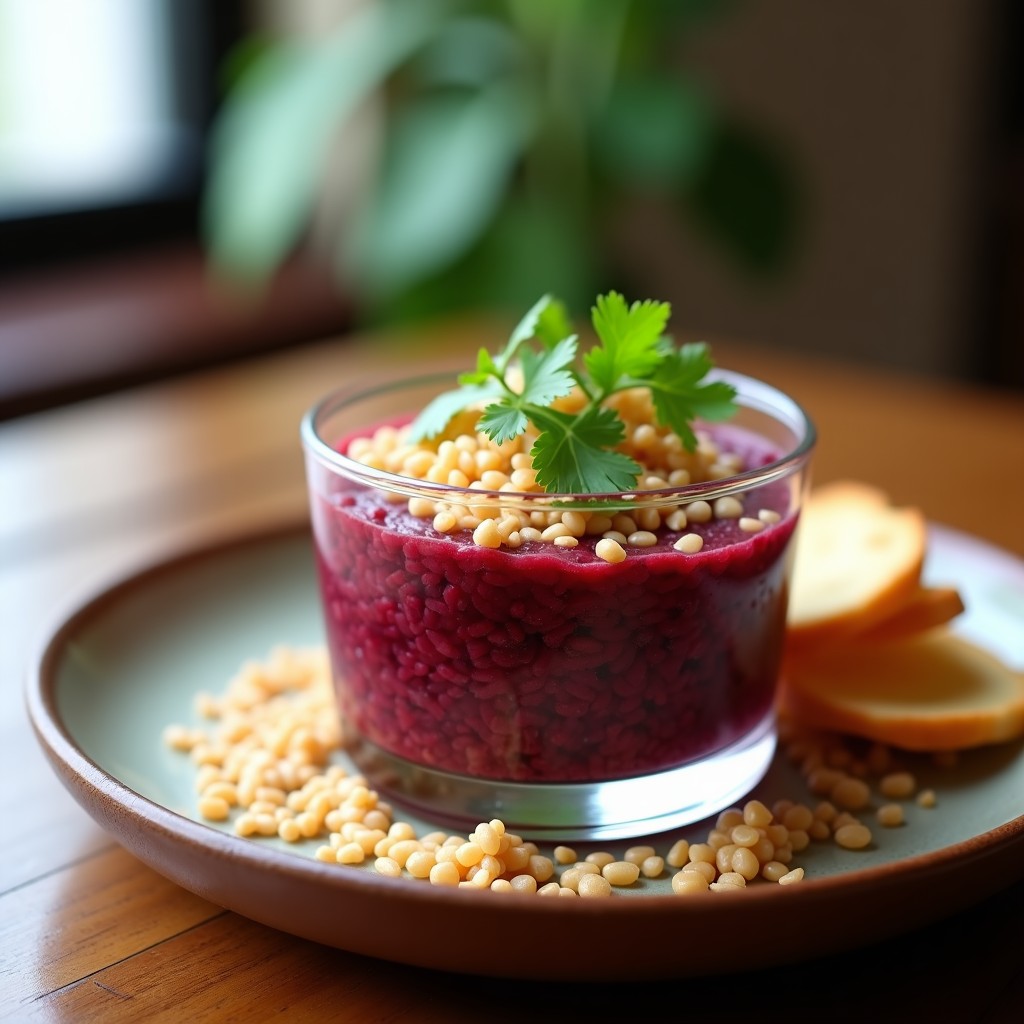 Copa de cristal con tartar de remolacha y chocho vegano, capas de color morado y beige coronadas con quinoa tostada y semillas de sésamo, servido sobre tabla de madera rústica.