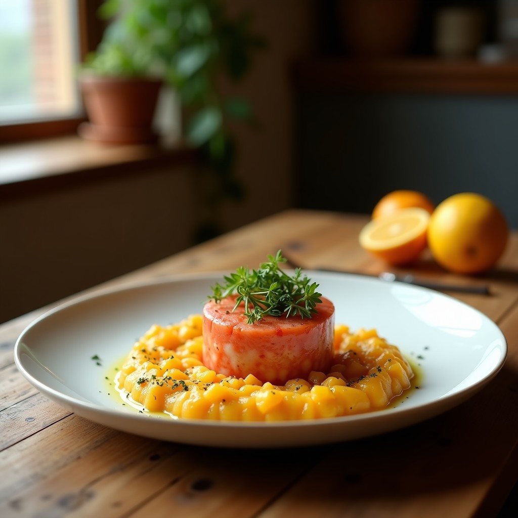 Plato blanco con tartar de remolacha y cítricos en molde redondo, bañado en vinagreta dorada de azafrán, decorado con almendras fileteadas y hebras de azafrán.