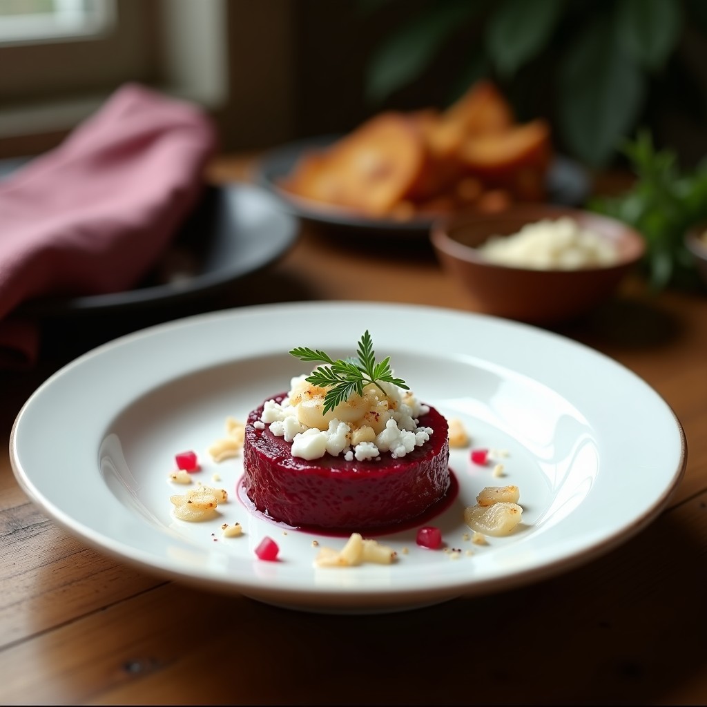 Plato blanco elegante con tartar de remolacha ahumada en forma de anillo, bañado en crema de anacardos, decorado con coco rallado y brotes de rábano sobre fondo de madera oscura.
