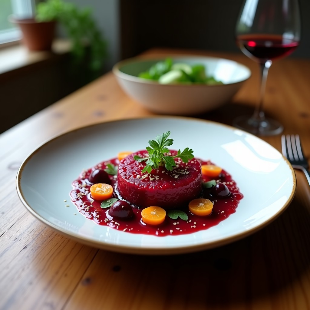 Plato de pizarra con tartar de remolacha y coco ahumado, servido sobre rúcula fresca y decorado con semillas de granada y sésamo, receta vegana sin cocinar.