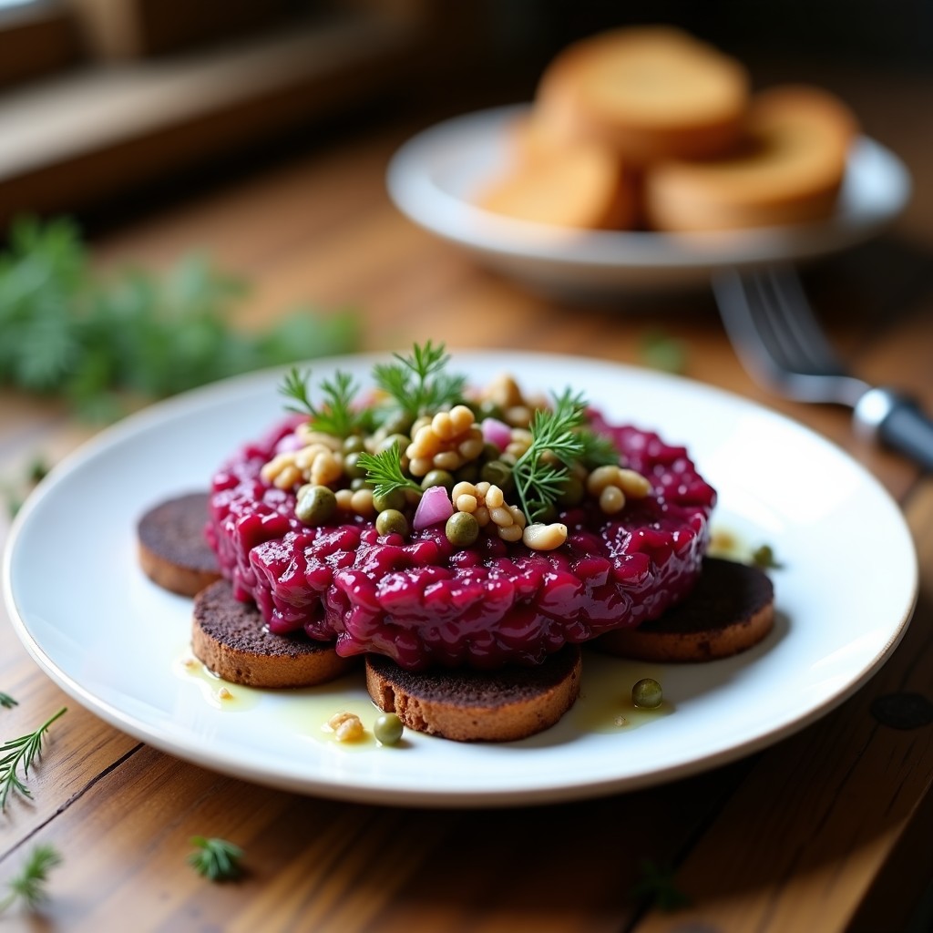 Plato blanco elegante con tartar de remolacha ahumada crudivegano, dados de remolacha morada, alcaparras, eneldo fresco y nueces picadas, servido sobre tostadas de pan de centeno, con decoración de hojas de perejil.