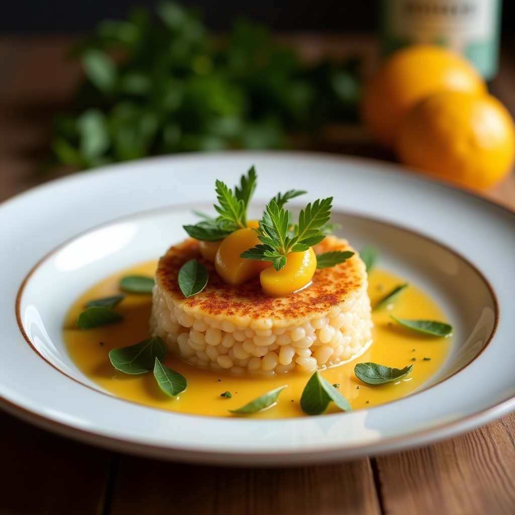 Copa de cristal transparente con tartar de remolacha crudo vegano, trozos de naranja sanguina y almendras fileteadas, decorado con perejil fresco sobre fondo blanco.