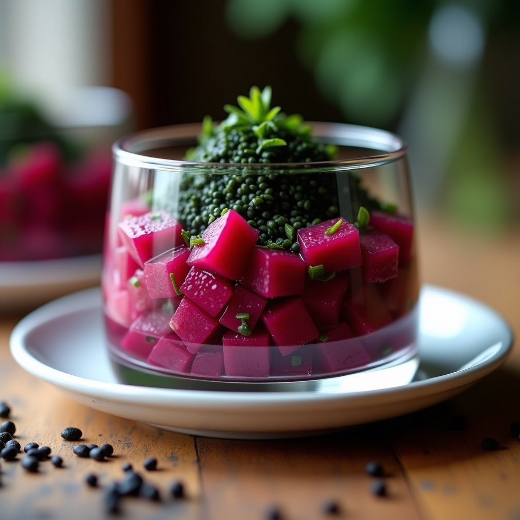 Tartar de remolacha y algas nori servido en copa de cristal, con capas de remolacha en cubos rosados, algas nori tostadas oscuras y semillas de sésamo negro, decorado con cebollino fresco y un hilo de aceite de sésamo.