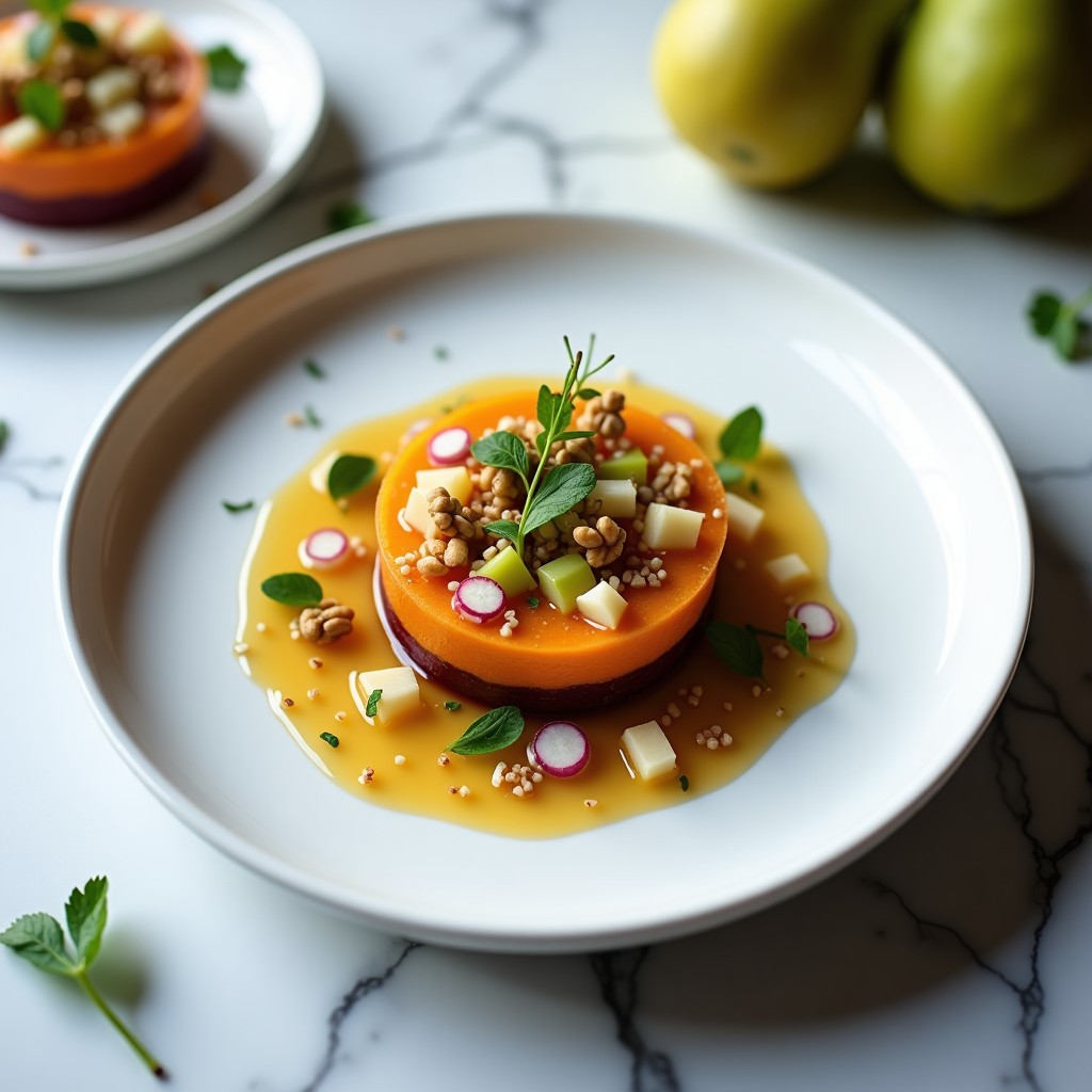 Plato blanco ovalado con tartar de remolacha dorada y peras en cubos, decorado con nueces tostadas, microvegetales y un hilo de vinagreta de vinagre de sidra. Entrante francés vegano elegante y colorido.