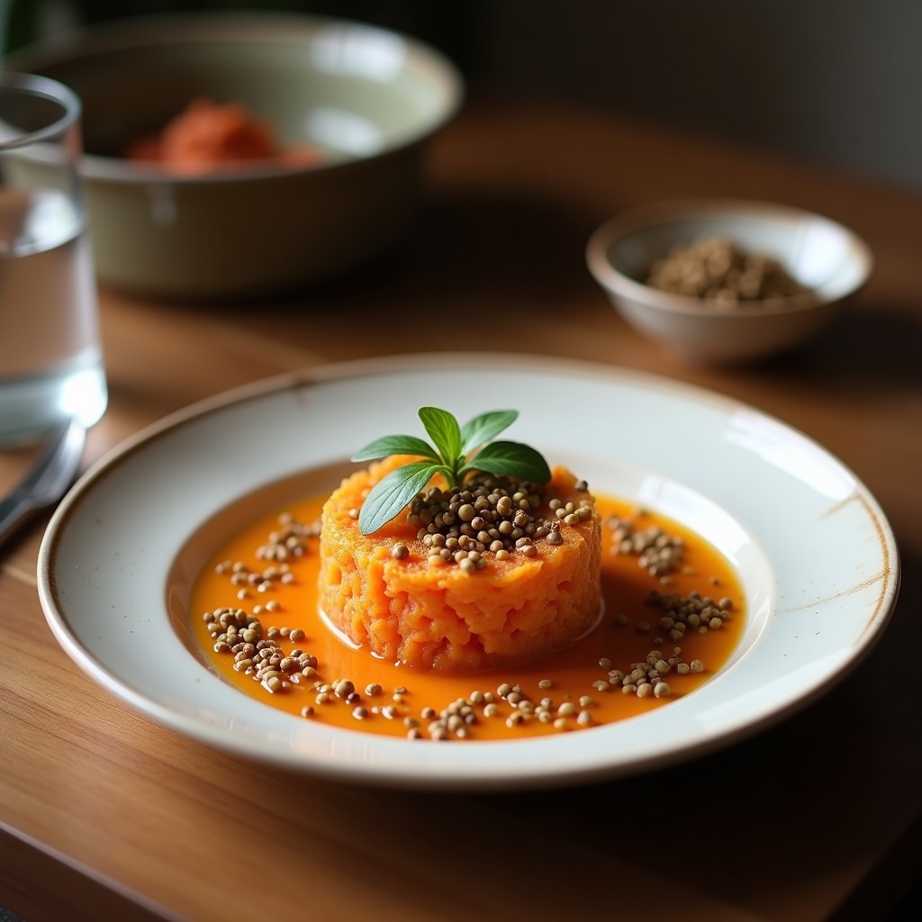 Tartar de remolacha dorada con quinoa en un plato blanco, decorado con semillas de sésamo y perejil fresco, con un aliño brillante de mostaza y miel.