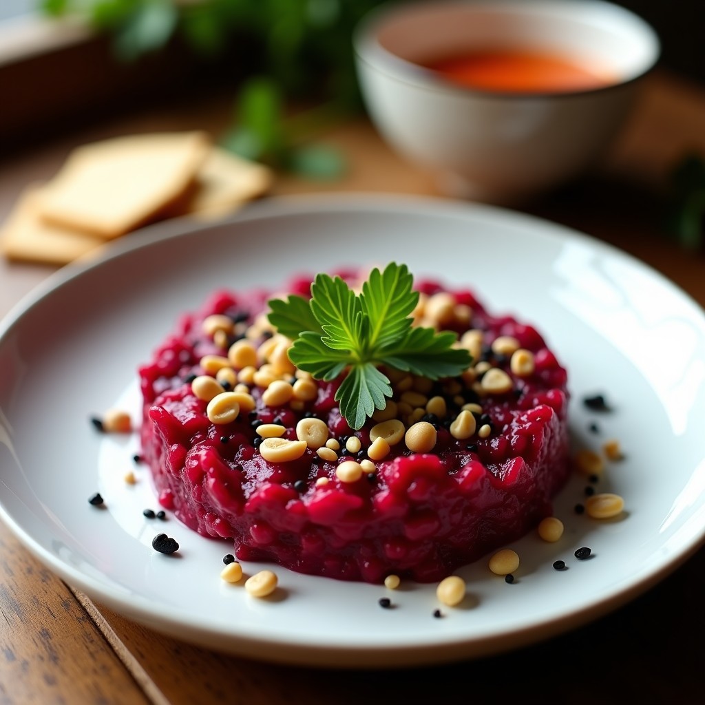 Plato blanco con tartar de remolacha y gochujang, color rojo intenso con semillas de sésamo negro y cacahuetes picados, decorado con cilantro fresco sobre fondo rústico.