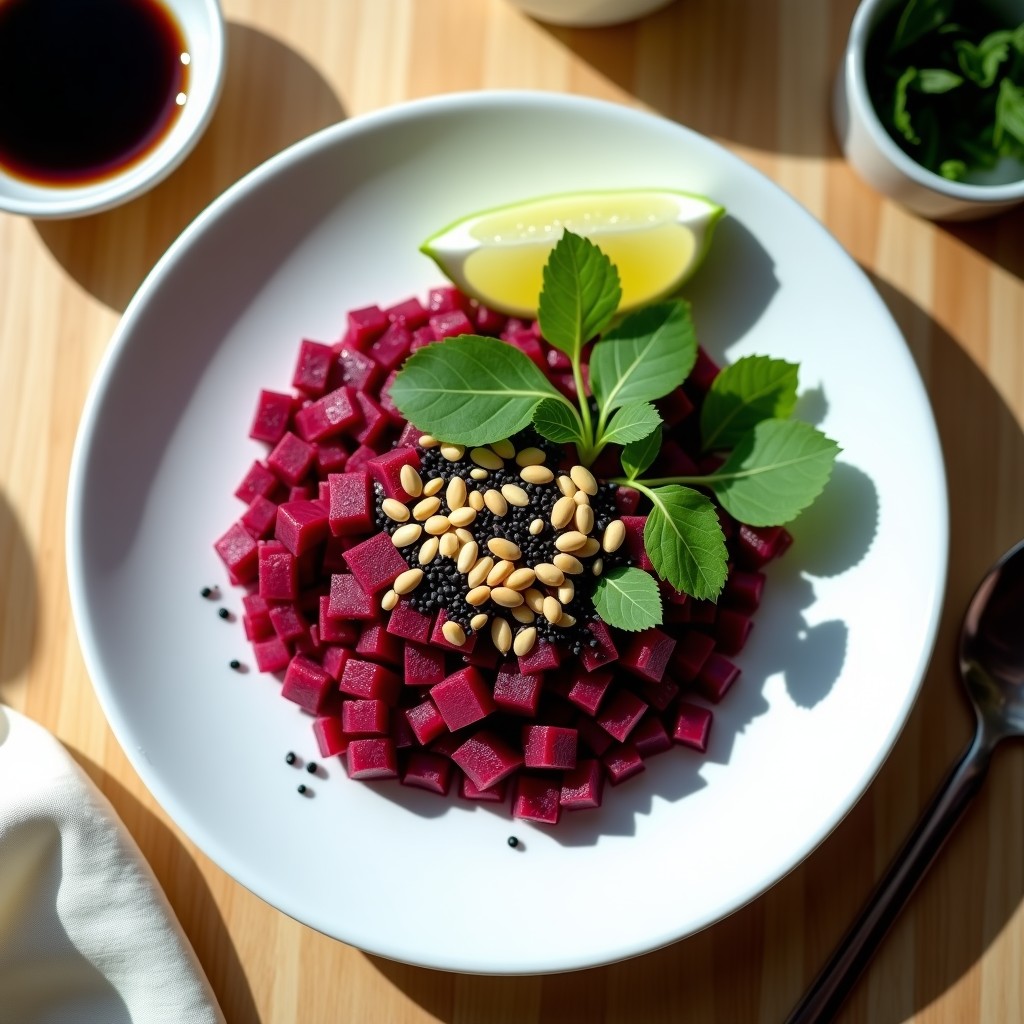 Plato blanco con tartar de remolacha y goi cuá vegano, decorado con semillas de sésamo negro y cacahuetes picados, hierbas frescas y rodajas de limón verde.
