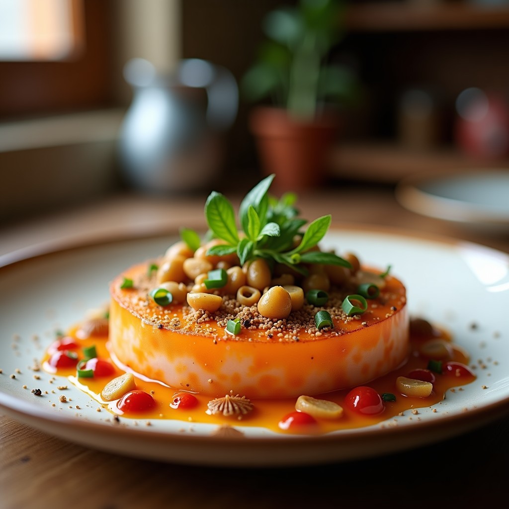 Plato blanco ovalado con tartar de remolacha dorada en cubos, granos de granado rojos vibrantes, almendras tostadas y hierbas frescas. Receta árabe crudivegana sin cocción.