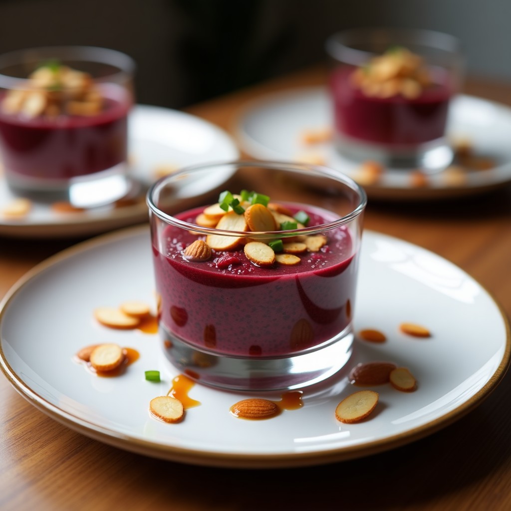 Copa de cristal transparente con tartar de remolacha y higo en capas, coronado con almendras fileteadas tostadas y cebollino fresco. Plato vegano sin cocción con textura quebrada y colores vibrantes.