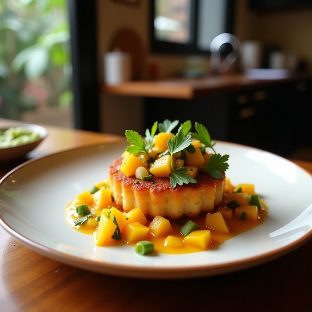 Tartar de remolacha y mango servido en copa transparente con capas de remolacha, mango y cebolla morada, bañado con salsa de tamarindo y decorado con semillas de sésamo y cilantro fresco.