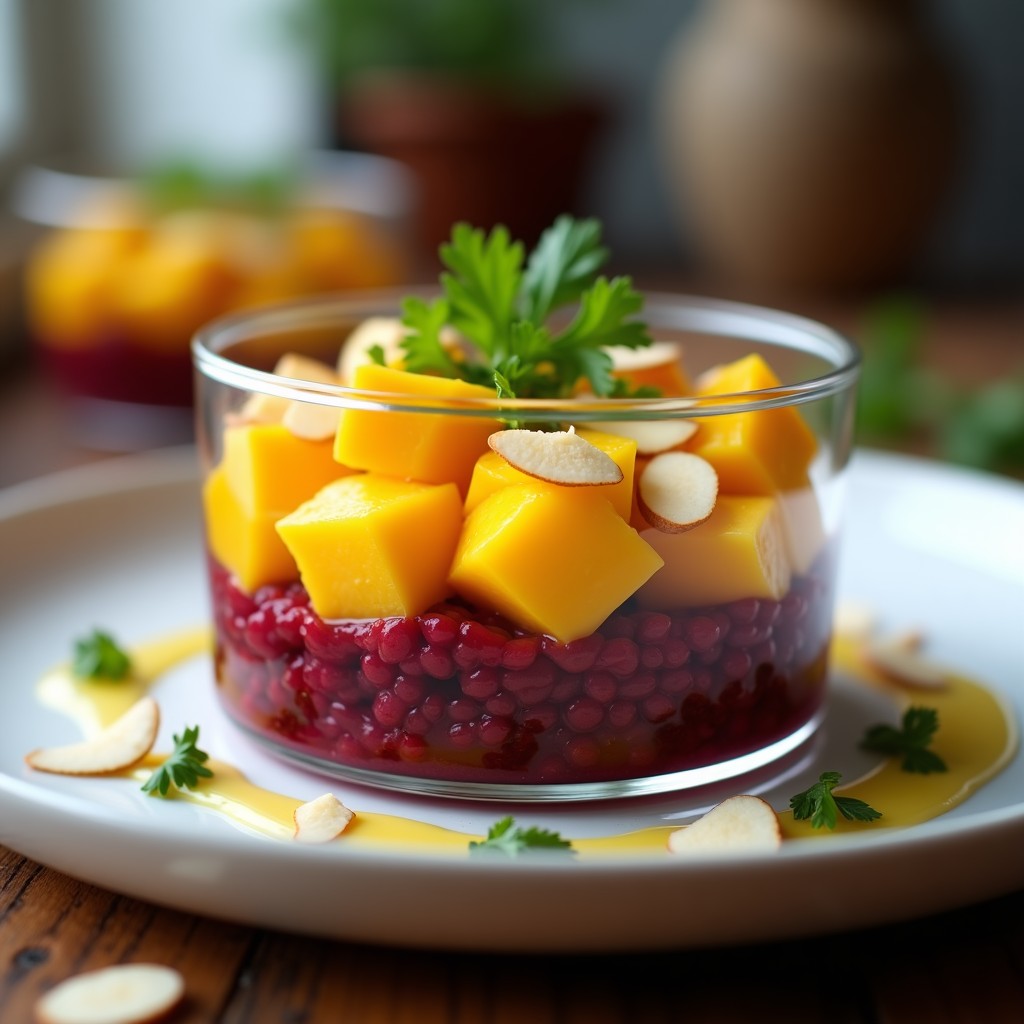 Tartar de remolacha y mango vegano servido en copa de cristal, con capas de cubos de remolacha morada y mango amarillo, decorado con almendras fileteadas y perejil fresco.