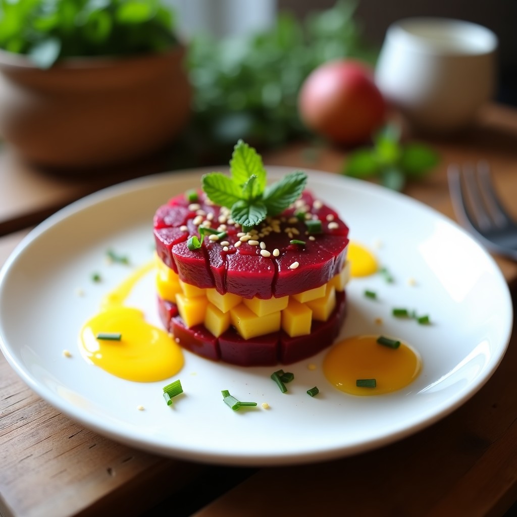Plato blanco con tartar de remolacha y mango en capas, decorado con vinagreta de yuzu, semillas de sésamo y hojas de menta fresca.