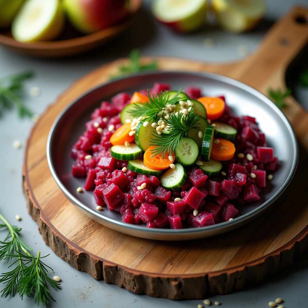 Tartar de remolacha y manzana verde servido en molde de acero inoxidable, con vegetales fermentados, semillas de sésamo y hierbas frescas, sobre fondo rústico de madera.
