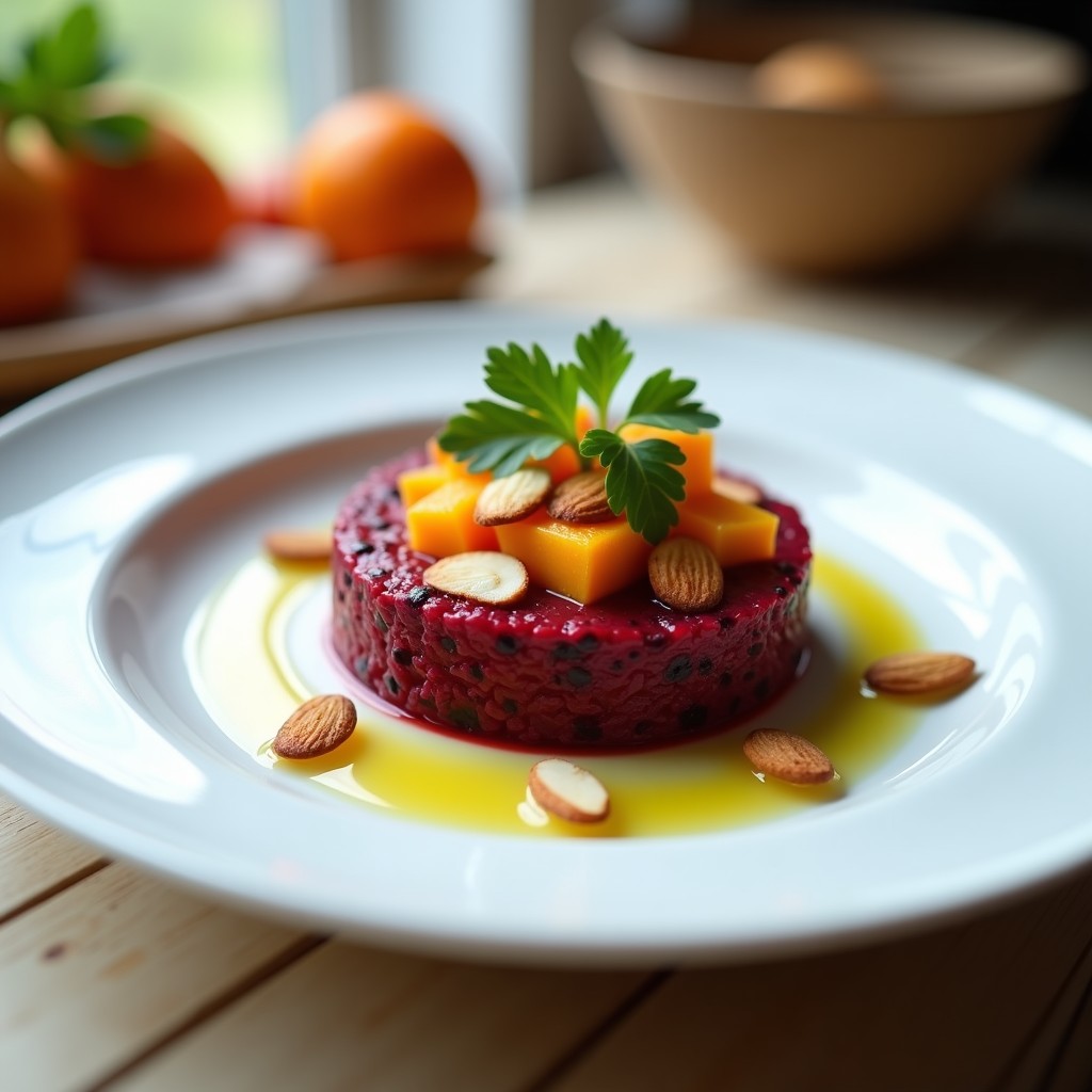 Plato blanco con tartar de remolacha y naranja en cubos, decorado con almendras tostadas y cilantro fresco, receta crudivegana alta en vitamina C.