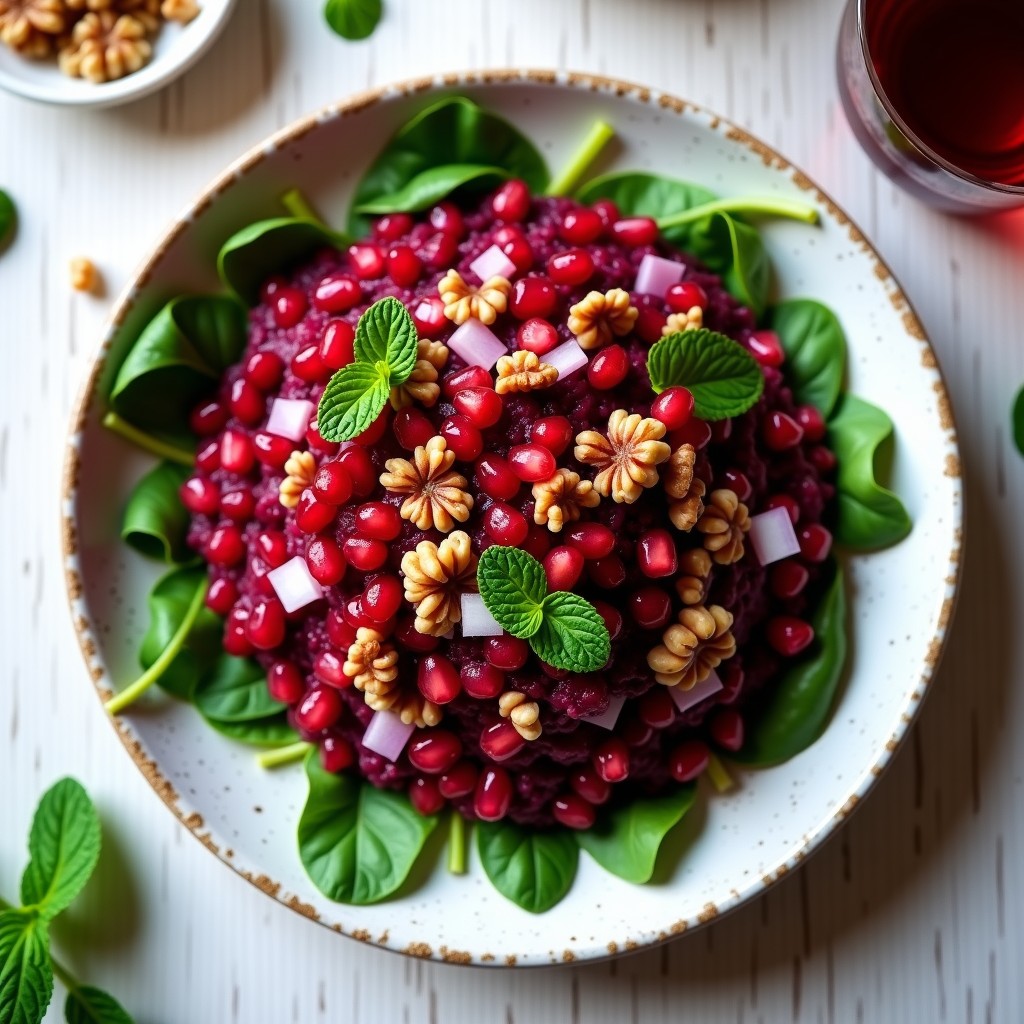 Plato blanco con tartar de remolacha cruda en dados, nueces tostadas picadas, semillas de granada y cebolla morada, sobre un lecho de rúcula. Vinagreta de granada brillante y hojas de menta fresca como decoración. Receta crudivegana de tartar de remolacha y nueces con vinagreta de granada.