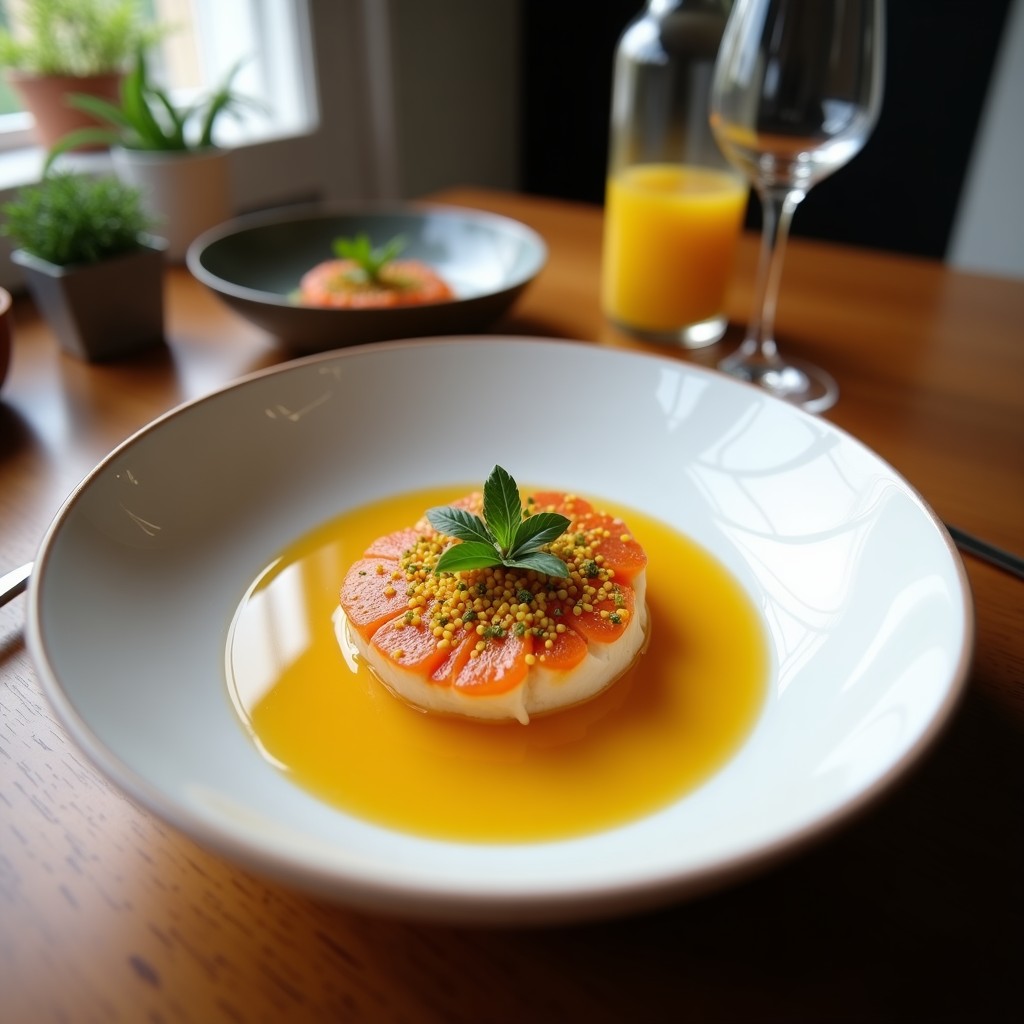 Tartar de remolacha y pistacho con vinagreta de naranja servido en molde redondo sobre plato blanco, con capas visibles de remolacha en cubos, pistachos picados y decoración de hojas de menta y gajos de naranja sanguina.